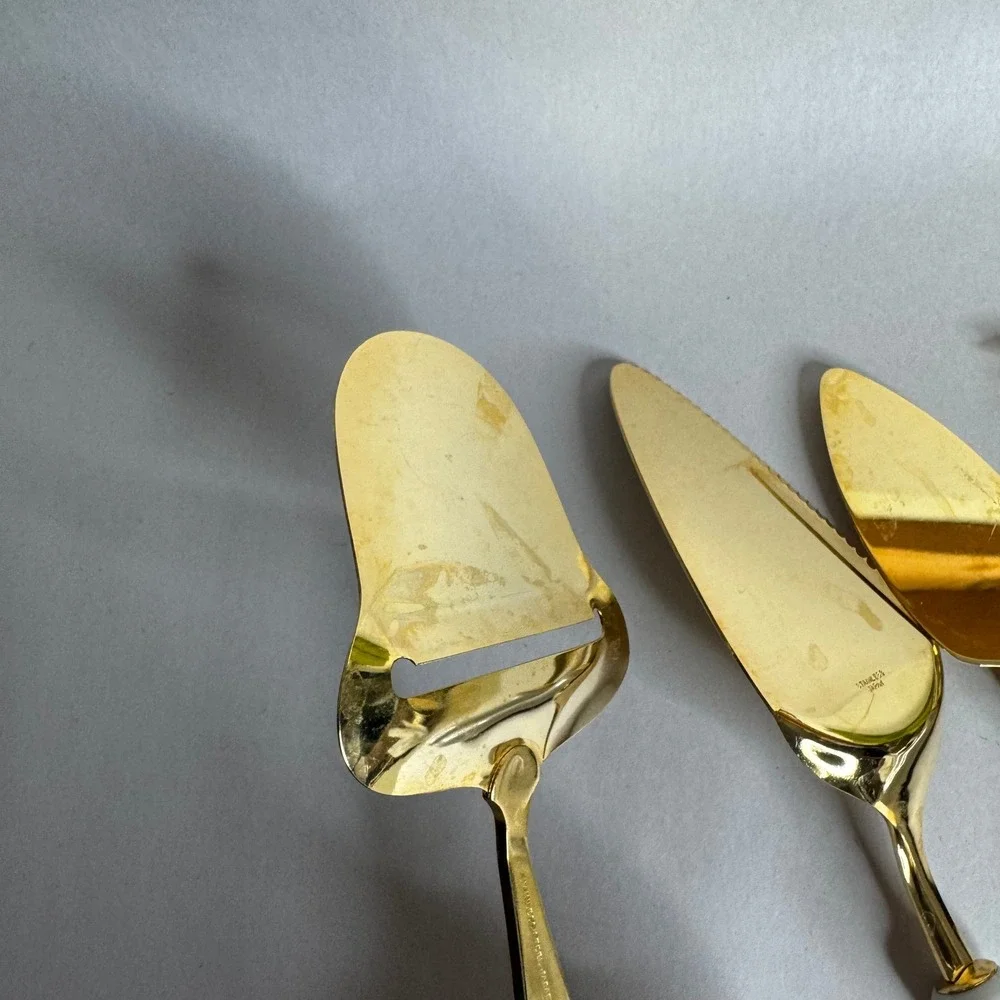 Vtg Christmas Holly Gold‎ Cheese Knife Pie Set 4pc Stainless Steel Japan Holiday